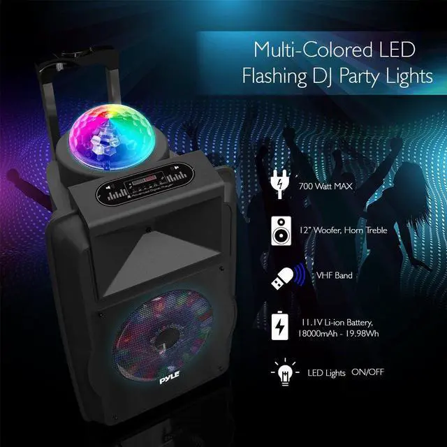 Alt view image 5 of 14 - Portable DJ Karaoke PA Speaker - Outdoor 700 Watt Stereo  12” Subwoofer Built-in LED Lights Wireless Bluetooth Rechargeable Battery Audio Recording Mode & MP3/USB/Micro SD/FM Radio - Pyle PSUFM1280B