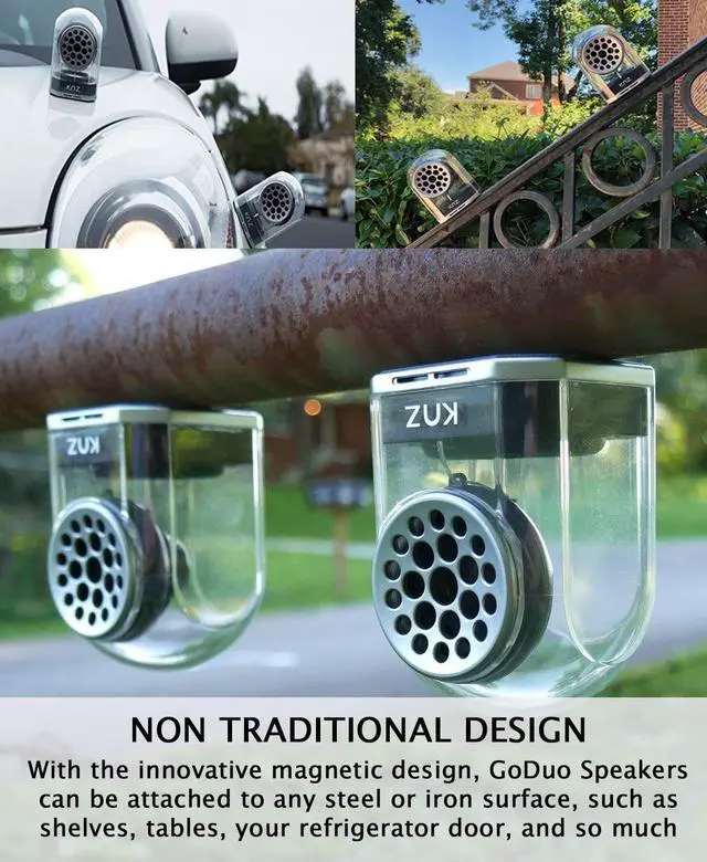 Alt view image 2 of 7 - KNZ GoDuo Portable Bluetooth Speakers with Magnetic Connectable Base, L/R True Stereo Sound and Bass, Water and Shock Resistant, 18 hr playtime, Built-in Mic, Protective Carrying Case Included (Black)