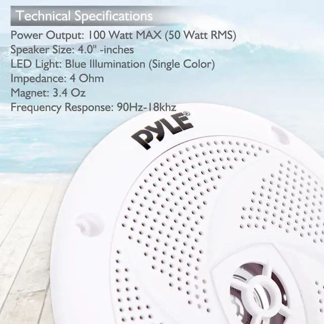 Alt view image 5 of 12 - Low-Profile Waterproof Marine Speakers - 240W 6.5 Inch 2 Way 1 Pair Slim Style Waterproof Weather Resistant Outdoor Audio Stereo Sound System w/Blue Illuminating LED Lights - Pyle (White)
