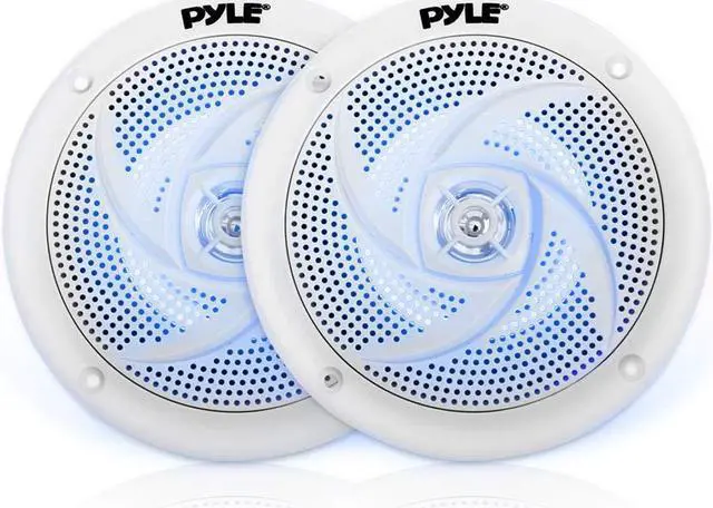 Main image of Low-Profile Waterproof Marine Speakers - 240W 6.5 Inch 2 Way 1 Pair Slim Style Waterproof Weather Resistant Outdoor Audio Stereo Sound System w/Blue Illuminating LED Lights - Pyle (White)
