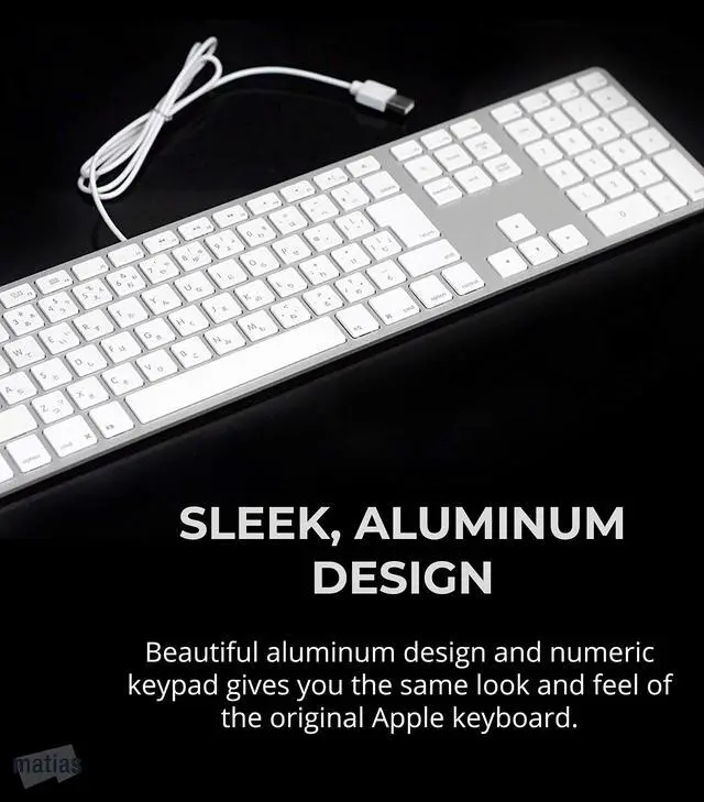 Alt view image 4 of 6 - Matias FK318S USB Wired Aluminum Keyboard with Numeric Keypad and Built-in 2-Port Hi-Speed USB 2.0 Hub - Compatible with Mac (Silver)