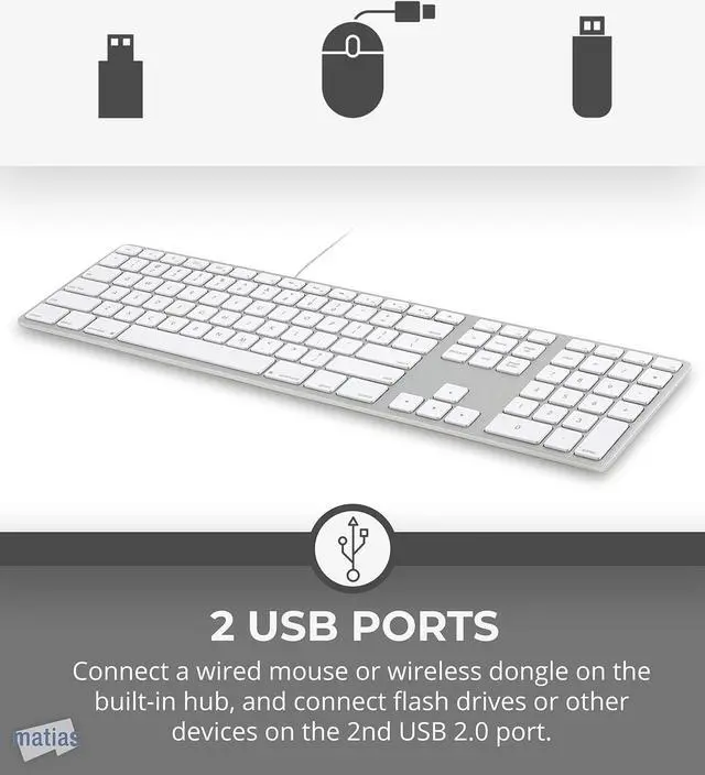 Alt view image 3 of 6 - Matias FK318S USB Wired Aluminum Keyboard with Numeric Keypad and Built-in 2-Port Hi-Speed USB 2.0 Hub - Compatible with Mac (Silver)