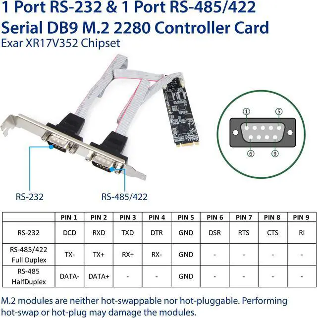 Alt view image 2 of 8 - IO CREST RS-232 + RS-422/485 DB9 Serial M.2 B+M Key Controller Card