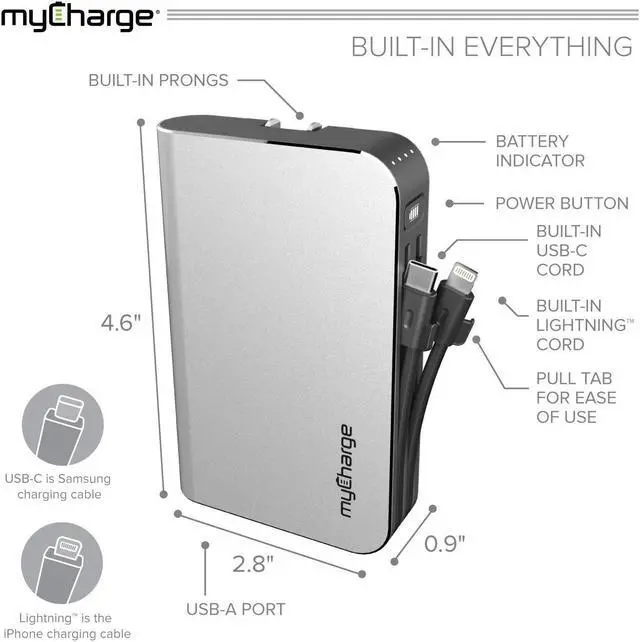 Alt view image 2 of 11 - myCharge Portable Charger Power Bank - HubMax Universal 10050 mAh External Battery Pack | Wall Charger Foldable Plug | Built in Cables (iPhone Charger Lightning Cable and Android Samsung USB C)