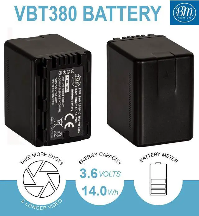 Alt view image 2 of 7 - BM Premium 2 VW-VBT380 Batteries and Charger for Panasonic HC-V800K, HC-VX1K, HC-WXF1K, HCV510, HCV520, HC-V550, HCV710, HC-V720, HC-V750, HC-V770, HC-VX870, HC-VX981, HCW580, HC-W850, HC-WXF991