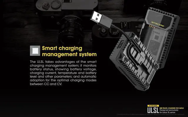 Alt view image 5 of 7 - Nitecore ULSL USB Travel Charger for Leica BP-SCL4 Batteries with Lumen Tactical LED Keychain Flashlight - Compatible with Leica SL Typ 601 Series Camera
