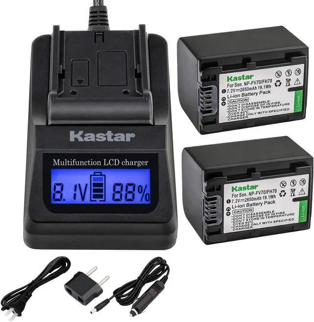Main image of Kastar Fast Charger + NPFH70 Battery (2-Pack) for Sony NP-FH100, FH60, FH70, NP-FH90, TRV and Sony DCR-DVD405 407E 408 410E 450 602E 650E DCR-HC96 DCR-SR85 HDR-HC9 HDR-UX20 HDR-SR12 DCR-SR65E XR500E