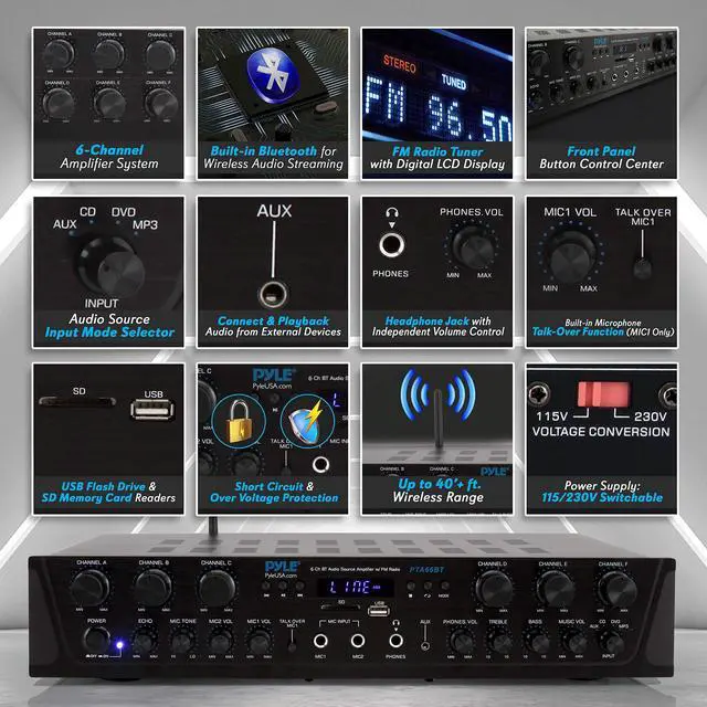 Alt view image 3 of 7 - Wireless Home Audio Amplifier System - Bluetooth Compatible Sound Stereo Receiver Amp - 6 Channel 600Watt Power, Digital LCD, Headphone Jack, 1/4'' Microphone IN USB SD AUX RCA FM Radio - Pyle PTA66BT