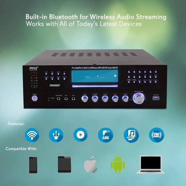 Alt view image 2 of 14 - 4-Channel Home Theater Bluetooth Preamplifier - 3000 Watt Stereo Speaker Home Audio Receiver Preamp w/ Radio, USB, 2 Microphone w/ Echo for Karaoke, CD DVD Player, LCD, Rack Mount - Pyle PD3000BT