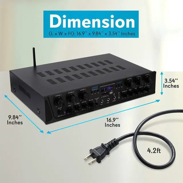 Alt view image 2 of 7 - Wireless Home Audio Amplifier System - Bluetooth Compatible Sound Stereo Receiver Amp - 6 Channel 600Watt Power, Digital LCD, Headphone Jack, 1/4'' Microphone IN USB SD AUX RCA FM Radio - Pyle PTA66BT