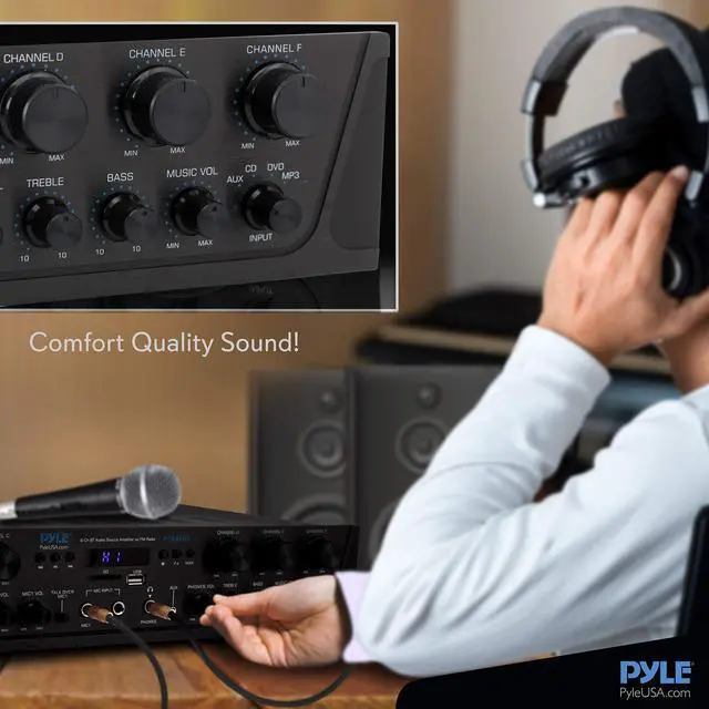 Alt view image 6 of 7 - Wireless Home Audio Amplifier System - Bluetooth Compatible Sound Stereo Receiver Amp - 6 Channel 600Watt Power, Digital LCD, Headphone Jack, 1/4'' Microphone IN USB SD AUX RCA FM Radio - Pyle PTA66BT