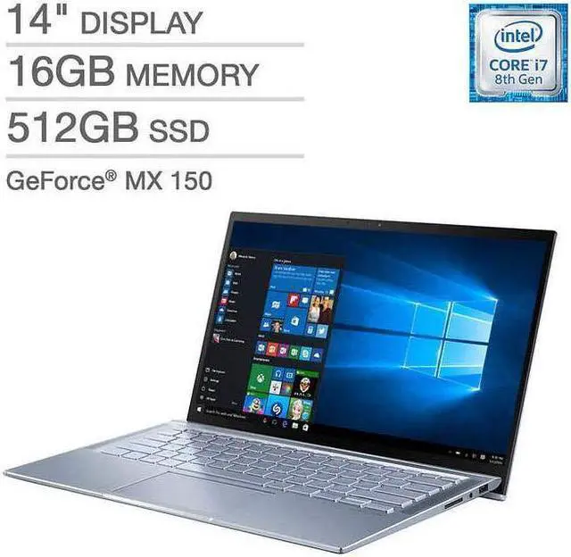 Alt view image 12 of 18 - ASUS ZenBook 14 UX431FN-IH74 Ultra-thin and Light 14-inch FHD Laptop, Intel Core i7-8565U, 16 GB RAM, 512 GB PCIE SSD, GeForce MX150, Windows 10, Silver Blue