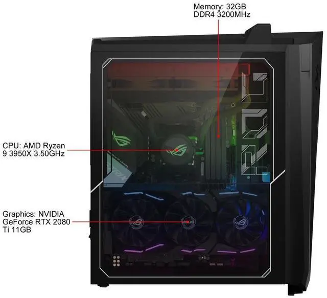 Alt view image 5 of 6 - ASUS ROG Strix GA35DX-XS99X Gaming Desktop AMD Ryzen 9 3950X 3.50 GHz up to 4.7 GHz 32GB 1TB SSD+2TB HDD NVIDIA GeForce RTX 2080 Ti Win10 Pro