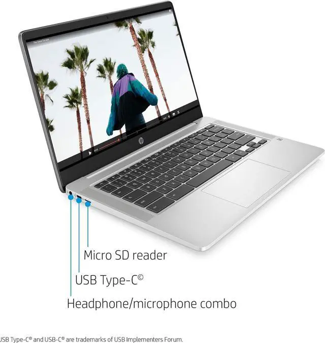 Alt view image 2 of 6 - HP Chromebook 14a-na1083cl 14" FHD IPS Intel Celeron N4500 1.10 GHz up to 2.80 GHz 4GB RAM 128GB eMMC Intel UHD Graphics Chrome OS Laptop, B Grade - 67U94UA