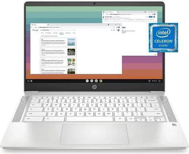 Main image of HP 14-cf2704ds 14" HD Laptop Intel Celeron N4120 1.10GHz up to 2.60GHz, 4 cores Intel UHD Graphics 600 4GB DDR4-2400 MHz RAM 64GB eMMC Windows 11 Home - 6L6Y2UA