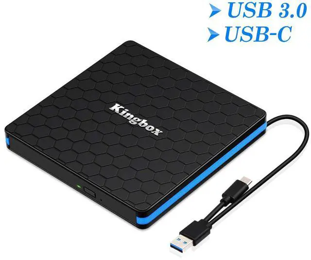 Main image of Kingbox External DVD Drive, Portable USB 3.0 Type-C CD/DVD Rewriter Burner Drive for Laptop Desktop PC Computer Windows Linux OS Apple Mac MacBook Pro Air iMac - High Speed Data Transfer - Black