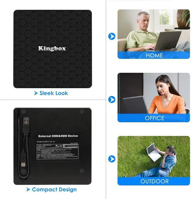 Alt view image 4 of 5 - Kingbox External DVD Drive, Portable USB 3.0 Type-C CD/DVD Rewriter Burner Drive for Laptop Desktop PC Computer Windows Linux OS Apple Mac MacBook Pro Air iMac - High Speed Data Transfer - Black