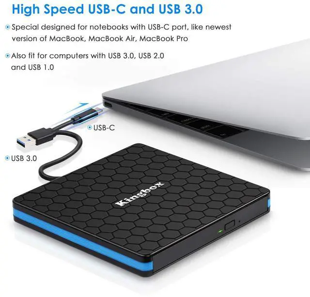 Alt view image 2 of 5 - Kingbox External DVD Drive, Portable USB 3.0 Type-C CD/DVD Rewriter Burner Drive for Laptop Desktop PC Computer Windows Linux OS Apple Mac MacBook Pro Air iMac - High Speed Data Transfer - Black