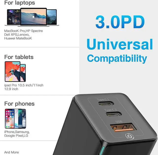 Alt view image 5 of 7 - USB C Charger, Baseus 65W 3 Port PD 3.0 [GaN Tech] Type C Fast Charger Adapter Power Delivery Foldable Adapter, USB Wall Charger for MacBook (Black)