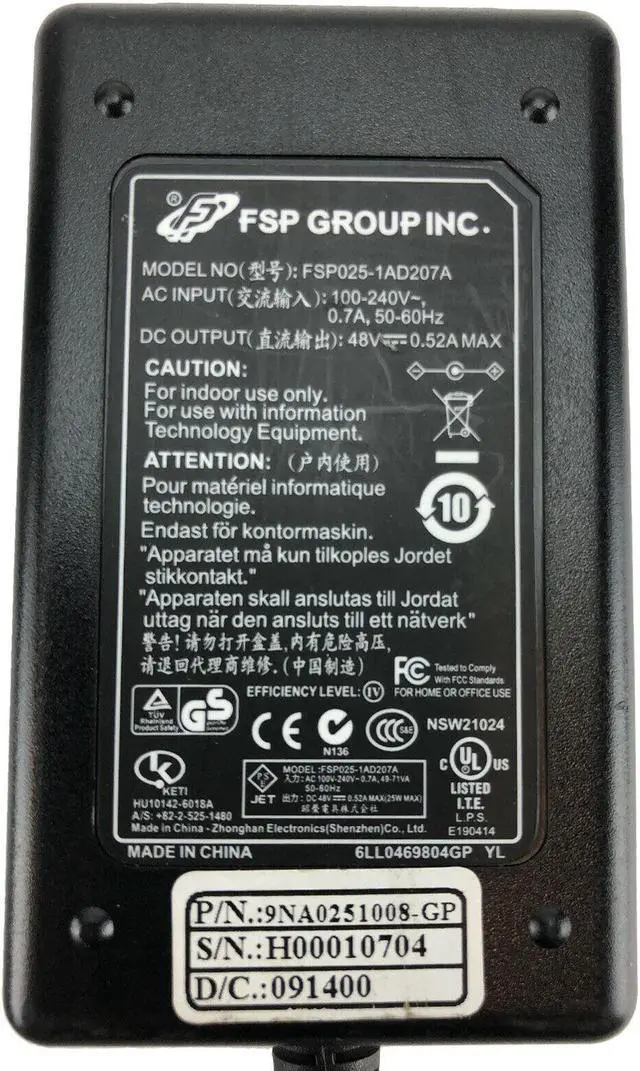 Alt view image 4 of 4 - Genuine FSP NTYS 17BAE6 AC Power Supply Adapter 48V 0.52A 25W OEM w/PC