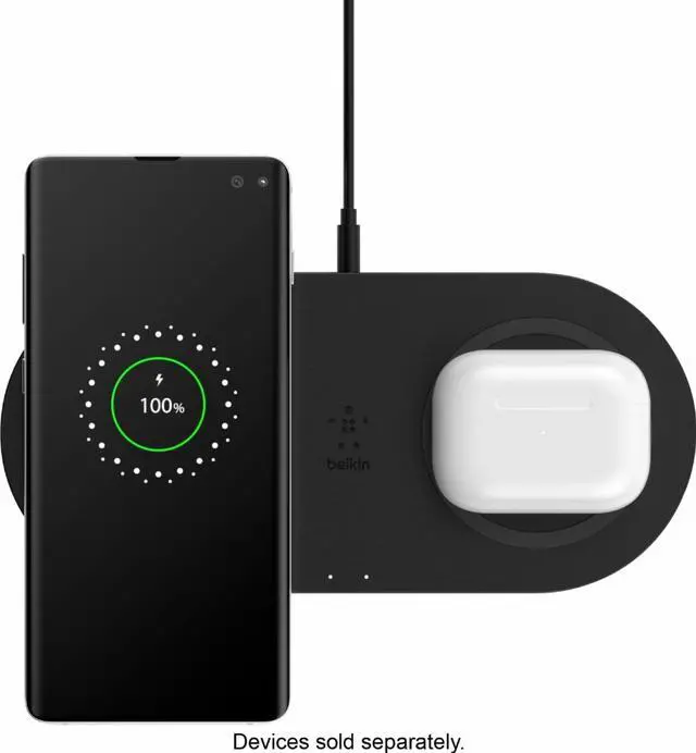 Alt view image 7 of 16 - Belkin Dual Wireless Charger (Dual Wireless Charging Pad 10W for iPhone 11, 11 Pro, 11 Pro Max, Galaxy S20, S20+, S20 Ultra, Pixel 4, 4XL, AirPods and More), Black
