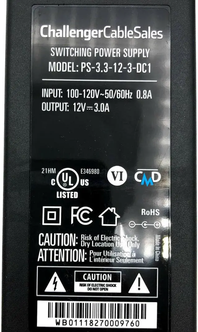 Alt view image 4 of 4 - Challenger Cable Sales Switching Power Supply PS-3.3-12-3-DC1 12V 3.0A
