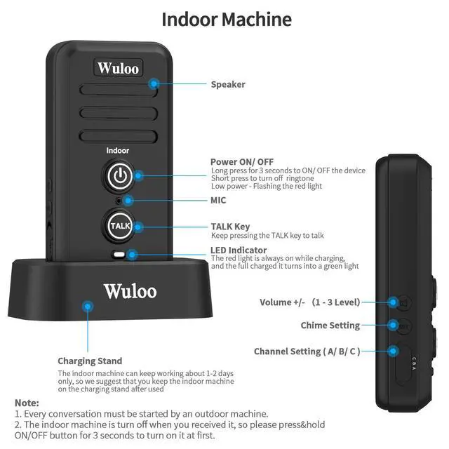 Alt view image 5 of 7 - Wuloo Wireless Intercom Doorbells for Home Classroom, Intercomunicador Waterproof Electronic Doorbell Chime with 1/2 Mile Range 3 Volume Levels Rechargeable Battery (Black, 1&2)