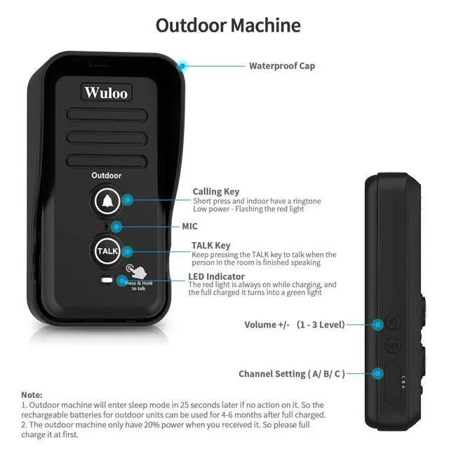 Alt view image 6 of 7 - Wuloo Wireless Intercom Doorbells for Home Classroom, Intercomunicador Waterproof Electronic Doorbell Chime with 1/2 Mile Range 3 Volume Levels Rechargeable Battery (Black, 1&2)