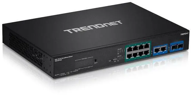 Main image of TRENDnet 12-Port Gigabit PoE+ Smart Surveillance Switch with 8 x Gigabit PoE+ Ports; TPE-3012LS; 2 x Gigabit Ports; 2 x SFP Slots; 110W PoE Budget; Long Range PoE+; VLAN; QoS; LACP; ONVIF