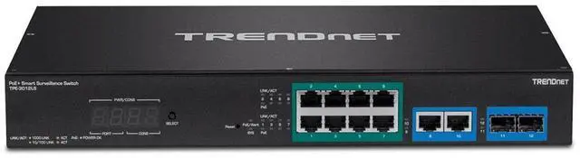 Alt view image 2 of 11 - TRENDnet 12-Port Gigabit PoE+ Smart Surveillance Switch with 8 x Gigabit PoE+ Ports; TPE-3012LS; 2 x Gigabit Ports; 2 x SFP Slots; 110W PoE Budget; Long Range PoE+; VLAN; QoS; LACP; ONVIF