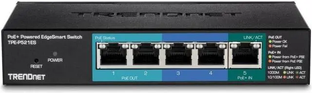 Alt view image 10 of 15 - TRENDnet 5-Port Gigabit PoE+ Powered EdgeSmart Switch with PoE Pass Through, TPE-P521ES, 1 x Gigabit PoE+ Input, 2 x Gigabit PoE Output, 2 x Gigabit, 18W PoE Budget, Managed Switch, Wall-Mountable