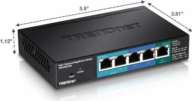 Alt view image 9 of 15 - TRENDnet 5-Port Gigabit PoE+ Powered EdgeSmart Switch with PoE Pass Through, TPE-P521ES, 1 x Gigabit PoE+ Input, 2 x Gigabit PoE Output, 2 x Gigabit, 18W PoE Budget, Managed Switch, Wall-Mountable