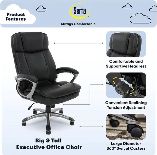 Alt view image 2 of 7 - New Serta Big & Tall Executive Office Chair High Back All Day Comfort Ergonomic Lumbar Support, Bonded Leather, Black