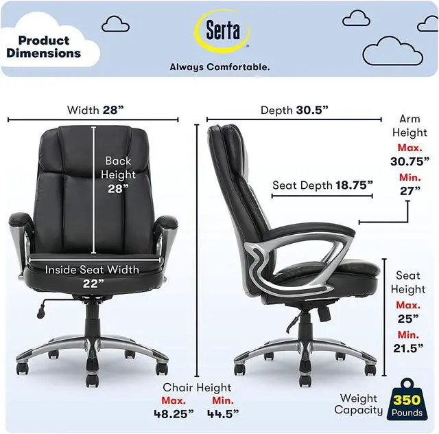 Alt view image 3 of 7 - New Serta Big & Tall Executive Office Chair High Back All Day Comfort Ergonomic Lumbar Support, Bonded Leather, Black