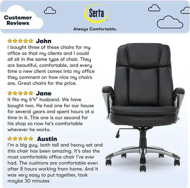 Alt view image 4 of 7 - New Serta Big & Tall Executive Office Chair High Back All Day Comfort Ergonomic Lumbar Support, Bonded Leather, Black
