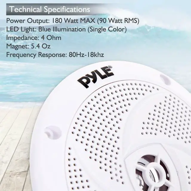 Alt view image 6 of 18 - Pyle PLMRS53WL 5.25 in. Waterproof Rated Marine Speakers with LED lights, White - 180 Watt