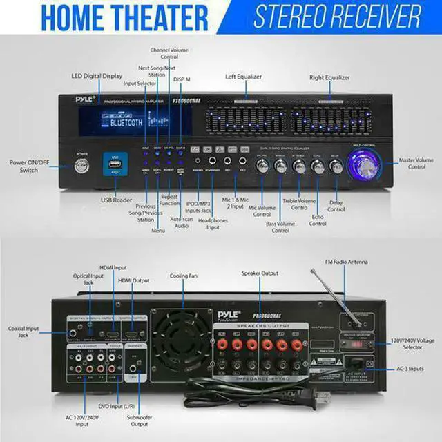 Alt view image 9 of 20 - FCH 6-Channel Bluetooth Hybrid Home Amplifier,2000W Home Audio Rack Mount Stereo Power Amplifier Receiver w/Radio, USB/AUX/RCA/Mic, Optical/Coaxial, AC-3, DVD Inputs, Dual 10 Band EQ