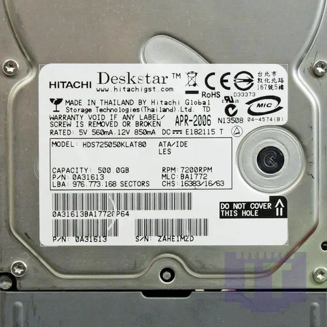 Alt view image 5 of 5 - HGST 0A31613 Deskstar 7K500 HDS725050KLAT80 500 GB Hard Drive - 3.5" Internal - IDE (IDE Ultra ATA/133 (ATA-7))