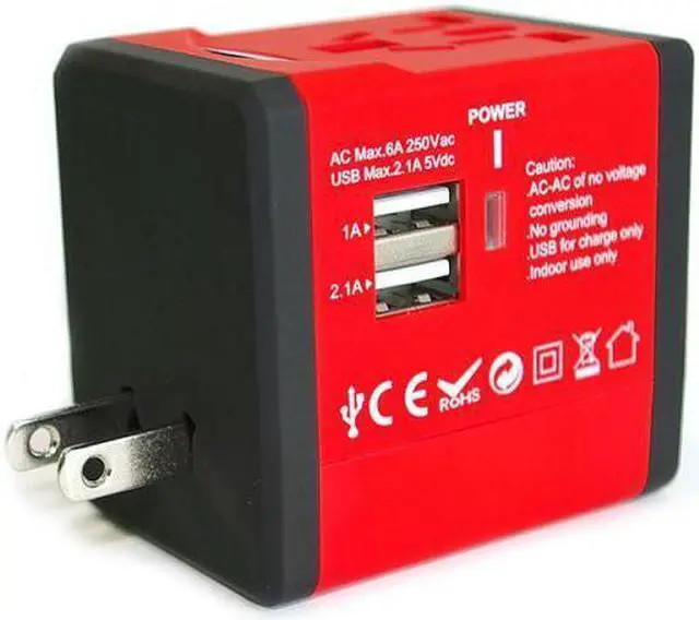 Alt view image 2 of 5 - Rainbow Series Worldwide Travel Power Adapter with 2 USB ports (5V / 2.1A) Red
