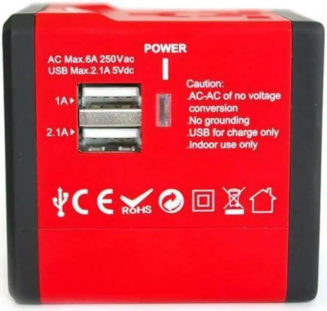 Alt view image 5 of 5 - Rainbow Series Worldwide Travel Power Adapter with 2 USB ports (5V / 2.1A) Red