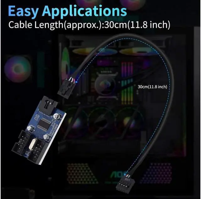 Alt view image 4 of 7 - 9 Pin 2 in 1 Internal USB Splitter Cable, 9 pin USB Header Male 1 to 2 Female Extension Connector Adapter, USB 2.0 HUB Connector Port Multiplier PWM Fan Splitter Cable (30cm/0.98ft)