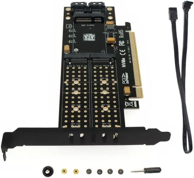 Alt view image 6 of 6 - M Key B Key PCIE to M2 Adapter PCI E 3.0 X16 to M.2 SSD  mSATA 2 x 7Pin SATA Port NVME M2 SSD AHCI mSATA 3 in 1 Riser Card