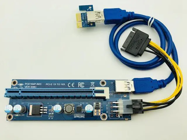 Alt view image 6 of 6 - 008C PC PCIe PCI-E PCI Express Riser Card 1x to 16x USB 3.0 Data Cable SATA to 6Pin IDE Molex Power Supply for BTC Miner Machine