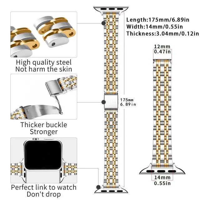 Alt view image 3 of 6 - QUNDAXI Gold Apple Watch Band Compatible with Apple Watch 40mm 38mm Metal stainless steel Watchband suitable for iWatch 9/8/7/6/5/4/3/2/1/SE series Women Luxury strap (38mm 40mm