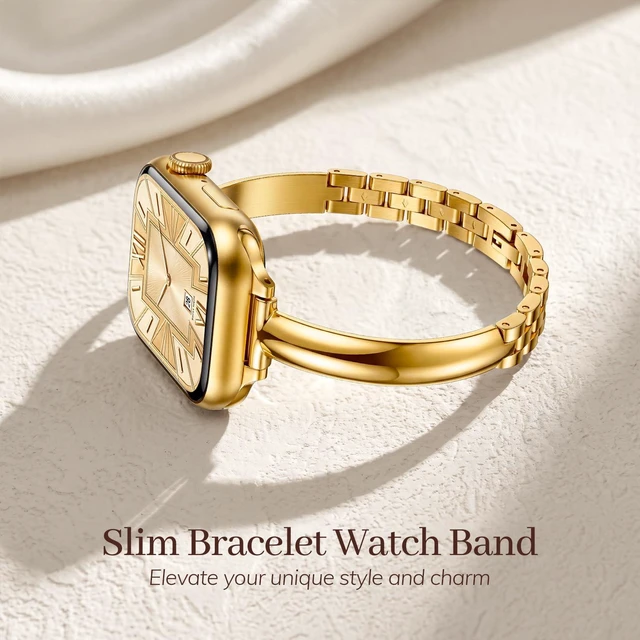 Alt view image 2 of 6 - Slim Gold Bracelet Apple Watch Bands for Women(No Case) 38mm 40mm 41mm 42mm, 0.3 Inch Width Stainless Steel Thin Dressy Metal Band Elegant Luxury Strap,38mm/40mm/41mm/42mm Gold (Series 11 10)