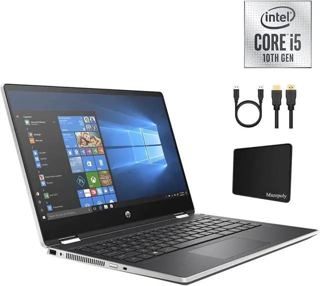 Main image of HP 14-inch 2-in-1 X360 HD Touchscreen Laptop PC, Intel Core i5-1035G1 Processor, 8GB DDR4, 256GB SSD, Backlit Keyboard, Bluetooth, Type-C, B&O Audio, Webcam, Windows 10 Home w/Mazepoly Accessories