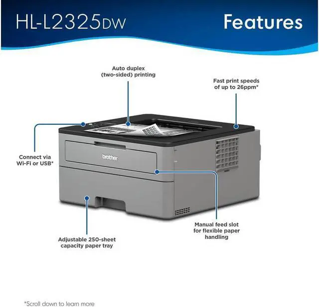 Alt view image 2 of 4 - Brother HL-L2325DW Monochrome Laser Printer - Wireless Networking & Duplex Printing (2-Sided Printing), 26ppm, Mobile Printing + Mazepoly Printer Cable