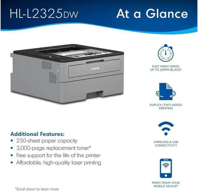 Alt view image 3 of 4 - Brother HL-L2325DW Monochrome Laser Printer - Wireless Networking & Duplex Printing (2-Sided Printing), 26ppm, Mobile Printing + Mazepoly Printer Cable