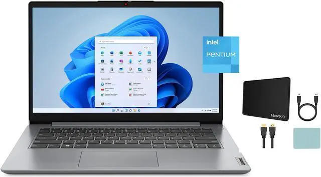 Main image of Lenovo Ideapad 1i, 14.0" Laptop, Intel Pentium N5030, 4GB RAM, 128GB eMMC Storage, Cloud Grey, Windows 11 in S Mode, with Mazepoly Accessories