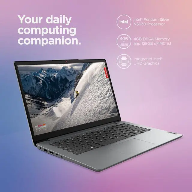 Alt view image 2 of 7 - Lenovo Ideapad 1i, 14.0" Laptop, Intel Pentium N5030, 4GB RAM, 128GB eMMC Storage, Cloud Grey, Windows 11 in S Mode, with Mazepoly Accessories